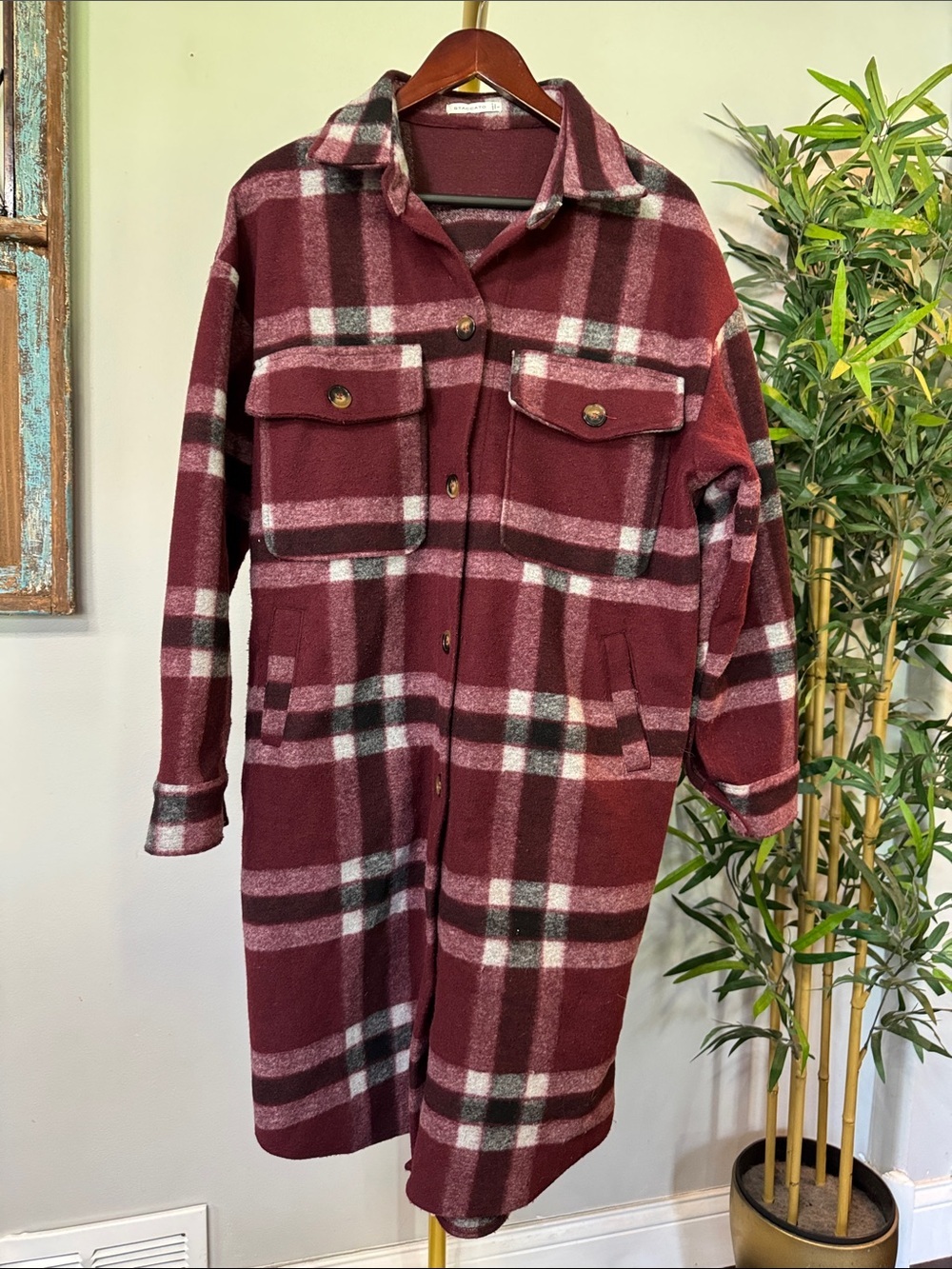 Staccato Burgundy Plaid Long Trench Coat pea coat shacket EUC L